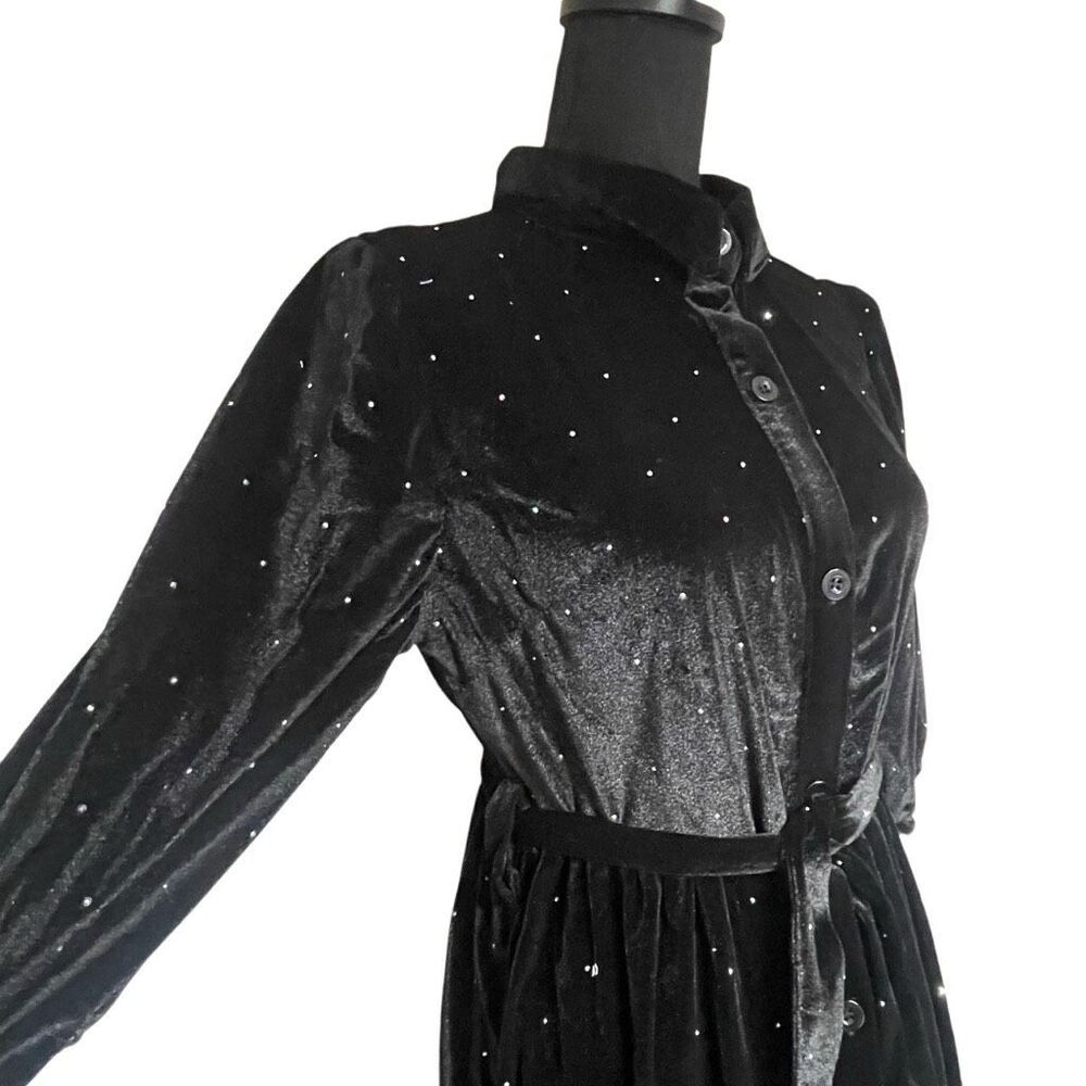 Black Velvet Sparkle Rhinestone Puff Sleeve Tiered Maxi - Picture 2 of 7